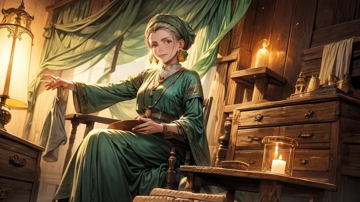 old romanian lady in ancient green clothes, sitting on a wooden chair in a tent, blue eyes, candles, incense, wooden chest in the background