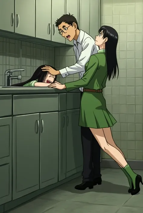 {{{mouri ran}}},{{{Detective Conan}}},{{{long hair}}},{{{official style}}},{{{adult}}},green dress,one-piece dress,turtleneck,green miniskirt, {light green cropped jacket},{light green cropped jacket},green socks,sink,laundry,kitchen,open,back view of lean...