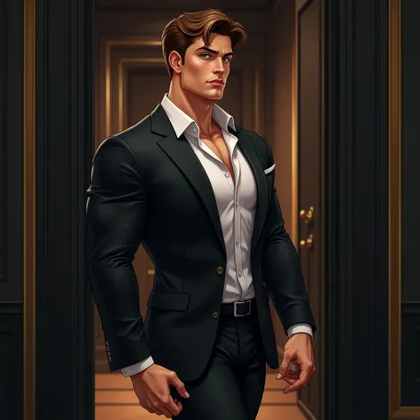  Illustration style.  illustration. A handsome young man with European features ,  brown hair, piel Blanca, thick red lips,  long eyelashes ,  green eyes,  very muscular ,   TALLER AND MORE ROBUST MUSCULAR UNDERWEAR  ,  detailed facial features , He is tot...