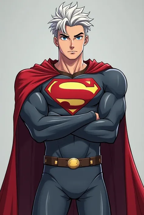  creates an animated image in comic format of a muscular Caucasian male animated comic book superhero with short silver hair and blue eyes,  wearing a gray suit and a red cape , with a "the" in the suit ,  the superhero must have a sword, You shouldnt see ...