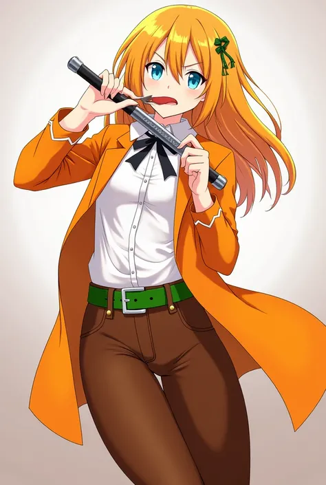 Who is the orange-haired character orange coat a white blouse brown pants green belt with blue eye anime version Licking a Sickle Man