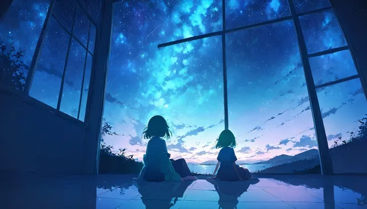  pastel colors,anime、A woman sits on the floor and looks out the window、shirt、Rear view、 imaginary、Blue-green、 horizon 、 starry sky 