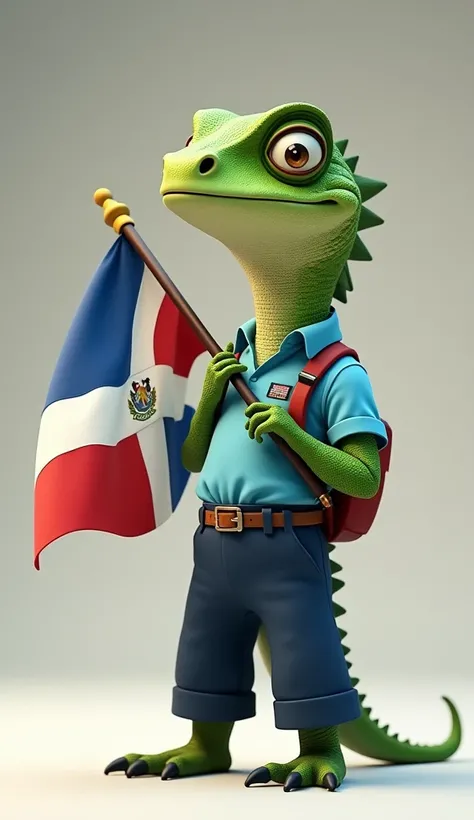  animated iguana wearing long dark blue school pants with light blue collar t-shirts, With closed black shoes, holding the flag of the Dominican Republic