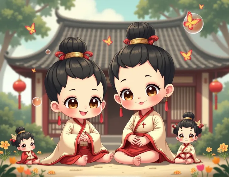  Two male Chinese babies, one sitting, the other standing behind Illustration、anime、High image quality、cute、llustration,The first one is wearing an antique Chinese dress, the hair is corked in an antique shoe, standing behind ,Two smaller people wearing an...