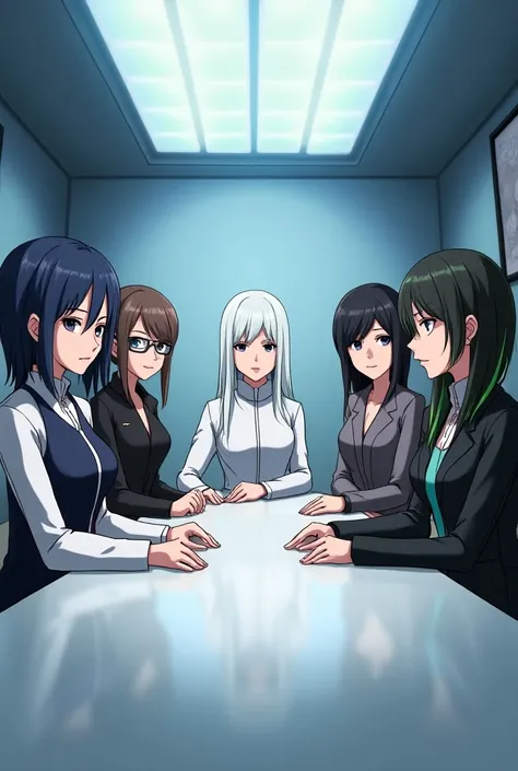  A group of five anime-style women seated at a long futuristic meeting table,  they wear futuristic clothes that cover their bodies well .  The first has white hair ,  have a serious expression and her clothes are white and black , She is seated at the cen...