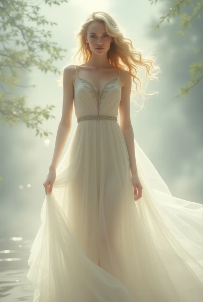 A  with a transparent dress and blonde hair