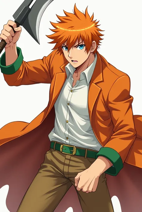 Who is the orange-haired character orange coat a white blouse brown pants green belt with blue eye anime version Licking a Sickle male version 