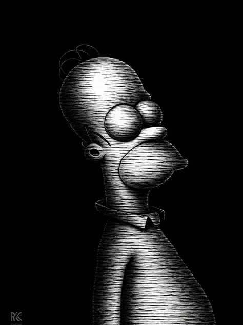 IMG_1284.CR2: ((Masterpiece)), ((high-contrast black and white illustration)), (intense, sharp outline of Homer Simpson in profile), ((dark background)), ((dynamic, diagonal scratch-like lines)), ((engraving or scratchboard effect)), (abstract Homer Simpso...