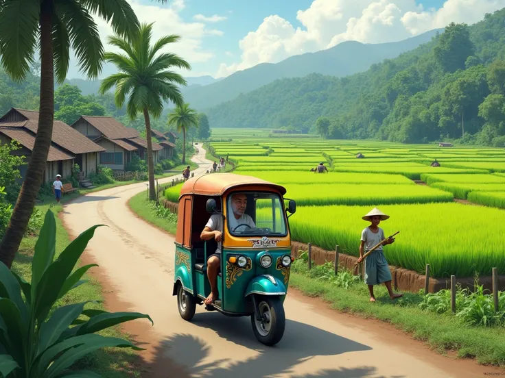 Javanese driving auto rickshaw on the streets of rice fields
