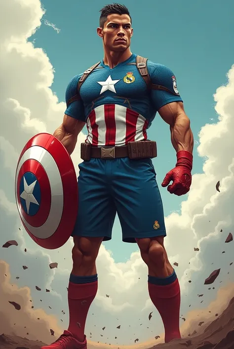 Cristiano Ronaldo wearing the Real Madrid jersey in a merger with Captain America, becoming just a  