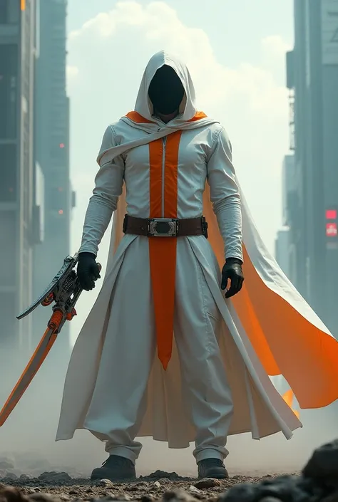 Image of a villain features an imposing white costume with an orange stripe, futuristic scenery, a weapon