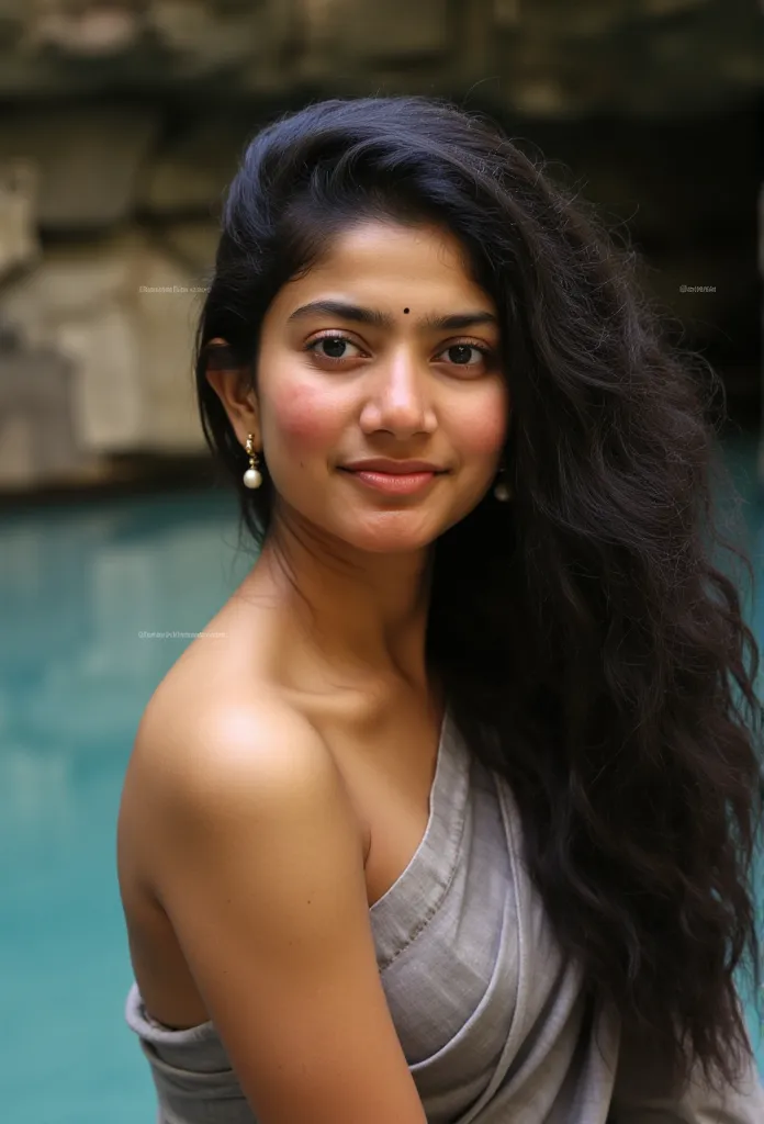 side portrait of a topless confident-looking indian woman with long flowing hair, hazel eyes, flowing see through saree, her hai...