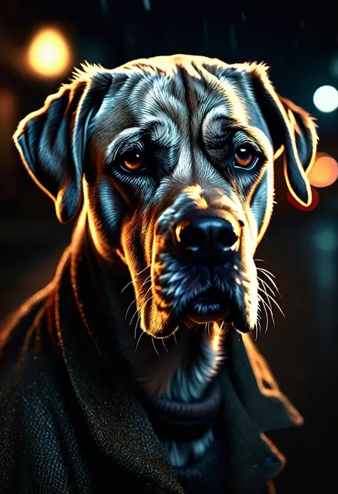 a disturbing creature - a dog with a fully realistic middle-aged mans face, extremely detailed wrinkles, tired eyes, thin graying hair, unnaturally large face blending into realistic dog fur, dim streetlights, long cold shadows, weary cold unsettling expre...