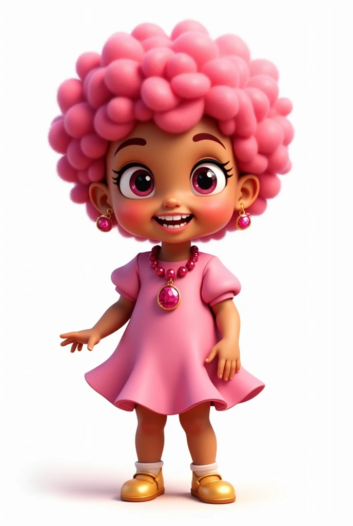 Draw a three-year-old girl .  The girl has curly hair and has tanned skin She is wearing a pink dress.  She is also wearing a ruby necklace .  Draw her on a white white background .  short pink hair She is wearing gold-colored shoes  .  Draw the happy girl...