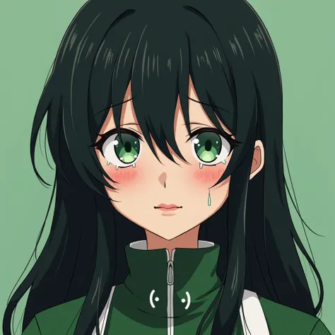 Anime style girl, Black hair with green details , long hair, Boku no Hero Academia Style,  teenager,  crying