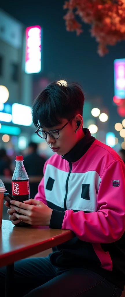  I see a nighttime photo of someone sitting at what appears to be an outdoor café or restaurant table. Theyre wearing a pink and white athletic jacket with black accents and glasses, and they appear to be checking their phone while wearing earbuds. Theres ...