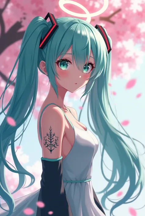 ((masterpiece)), ((best quality)), (ultra-detailed), ((kawaii)), cute, (lovely), anime style, dynamic angle, in the middle, focus on the face, cherry blossom tree, a cute girl, 1girl, solo, one-piece dress, Hatsune Miku,  beautiful green eyes, ((beautiful ...