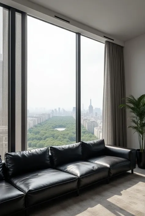 apartment in New York with views of Central Park on the nineteenth floor. design puro,  of the elegant black leather sofas ,  of the black solid wood furniture and the white walls.