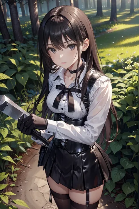  masterpiece ,  Best quality , high resolution,  beautiful detailed eyes,  extremely detailed face , Detailed CG, 1 girl; standing, fighting pose, holds an axe in his hand,  seen from above ,  looking at the spectator,  long black hair , black eyes, choker...