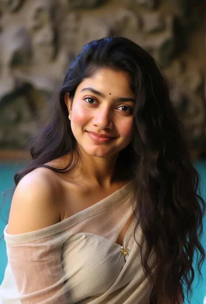 side portrait of a topless confident-looking indian woman with long flowing hair, hazel eyes, flowing see through saree, her hai...