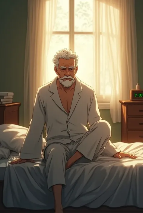 1man, ((detailed rendering in semi-epic realistic anime style)), ((distinguished elderly scientist in pajamas)), ((sitting on an unmade bed with his legs down)), ((short white hair parted on the left)), ((well-groomed white ducktail beard)), ((dignified fa...