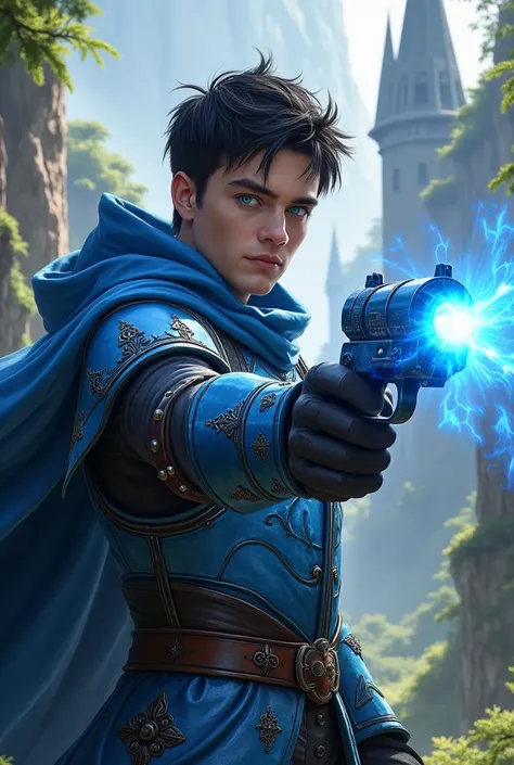 Create magic the gathering style a handsome man with black hair with light blue eyes wearing light blue metallic hauberk steampunk with black ornaments holding a blue metallic steampunk gun with ornaments with a blue energy fired from the gun in a valley n...