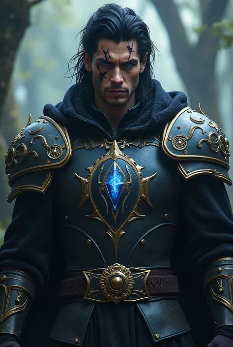 Create a male character, black hair, blue eyes, with a scar on the face as if it were from a werewolfs claw, wearing armor with arcane symbols for RPG ,  dark fantasy style 