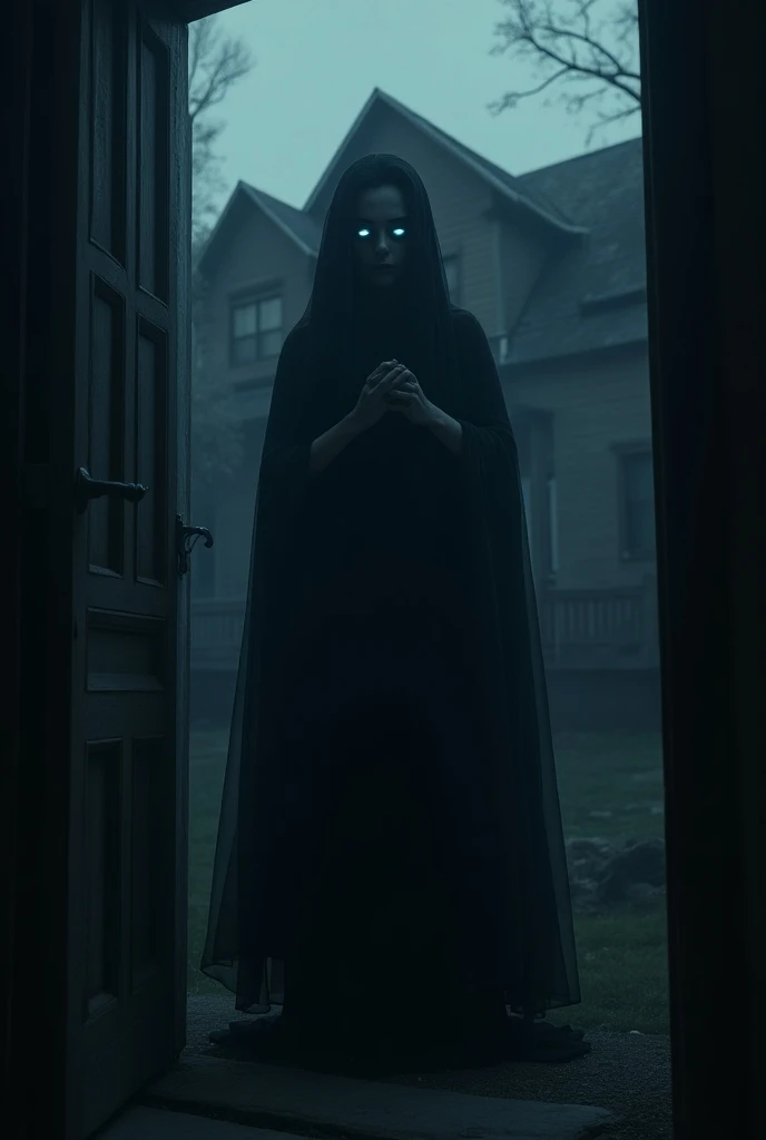  Create a 2 : 3 A dark and silent house at midnight,  with a figure of a bride wearing a black veil at the door ,  your eyes shining with demonic light . The environment is gloomy and ominous, with the doorbell ringing softly ,  while an aura of death and ...