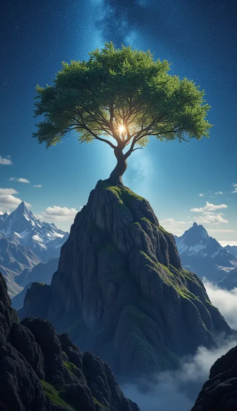  each mountain ,  as the guardian of ancient secrets ,  sculpted a symphony of textures and lights that enveloped the traveler in its magnificence .  on the summit of the central mountain ,  a sacred tree rose ,  its leaves shone like stars on a serene nig...