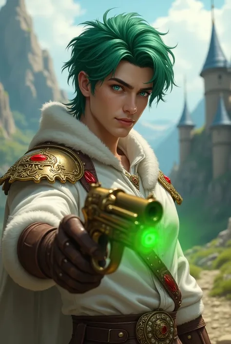 Create magic the gathering style a handsome man with green hair with light blue eyes wearing light metallic white Hauberk steampunk with red ornaments holding a steampunk gun bronze with ornaments with a green energy fired from the gun in a valley near a m...