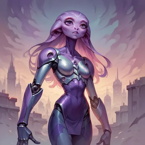  masterpiece ,  best quality ,  ultra high resolution , realistic leather texture, Female alien, sexy, tight clothes,  white and purple theme,  cybernetic armor , Tunica, city, metallic skirt, psionic powers , big head, Bifurcated legs, Pose using powers