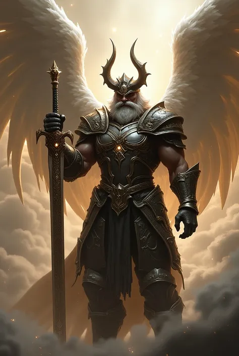 imagine a strong archangel warrior, with an ancient helmet and armor, he carries a large sword in his hands and has large winged wings