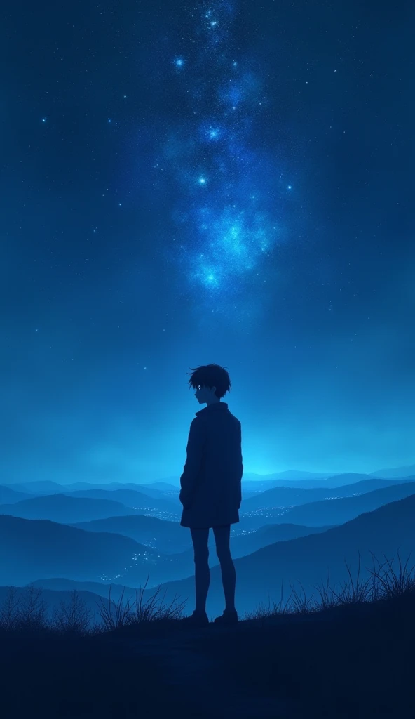  A watchful figure on a hilltop during a quiet night, their silhouette illuminated by a faint blue moonlight glow. The stars are vibrant, and the character’s eyes reflect the sky’s mysterious luminescence.