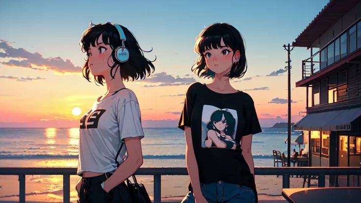 ((cowboy shot)), (lo-fi, retro, pale color, low contrast), (1girl, black hair, black eyes, t-shirt, headphone), (seaside cafe terrace, sunset), (dreamy atmosphere, nostalgic)