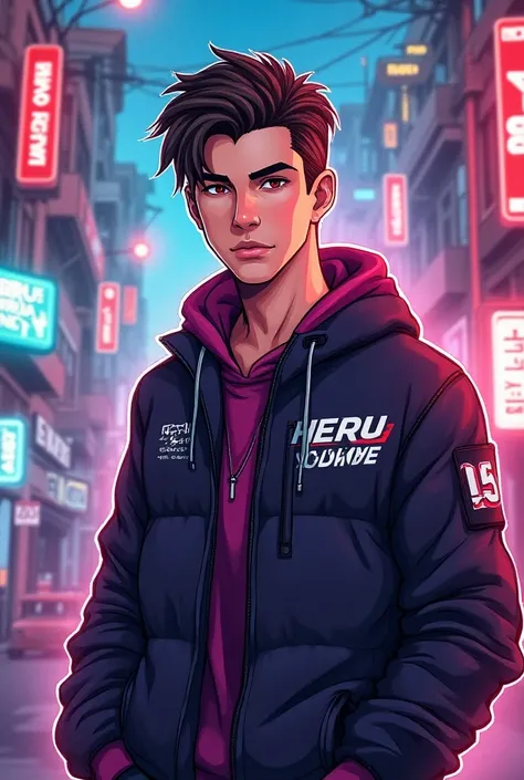 youngster , handsome, , with Youtube background, with a gamer style jacket and that on his jacket says HERU WISNOE 