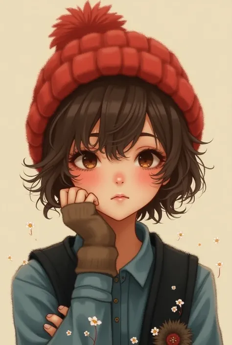       short brown hair  " bangs on the face goro beanie red " Tender would be  "  blue shirt with white stars  "  black vest black hand warmers " Face Asia Down " lenses over the hat  "  white flowers with yellow in the center"
