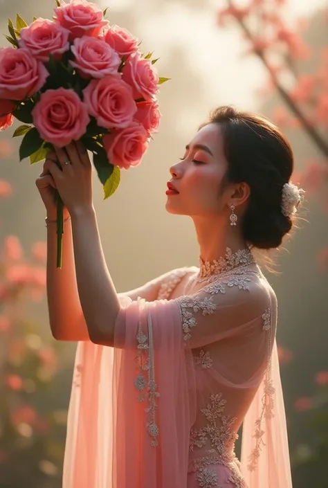  A girl in a dress is taking a photo with a bouquet of pink roses..,  wearing luxurious clothes , New Day Monday, Sukhothai set ,  fancy dress ,  Images of handmade jewelry models , Deal Raba Dilmurat, , wearing a dress made of beads, , Original beauty , ต...