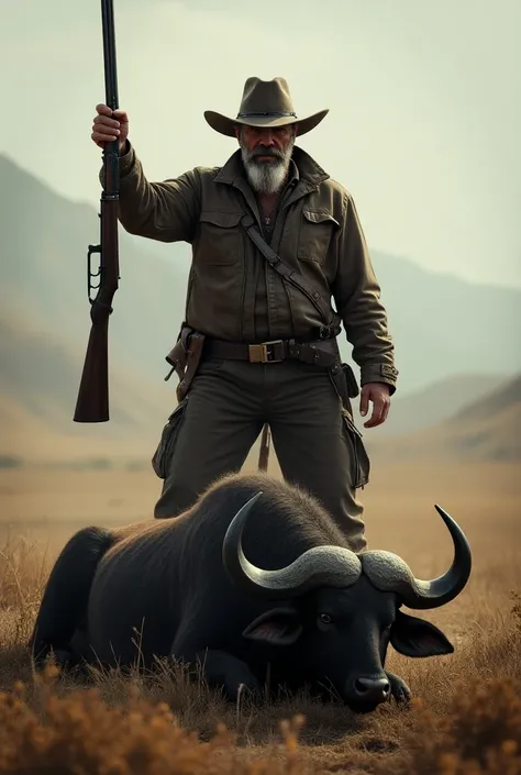 A hunter with the gun in his hand with his foot over the head of a dead buffalo 