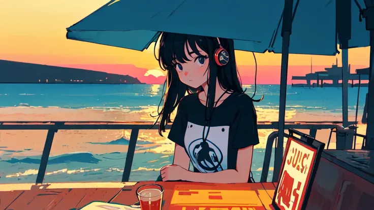 ((cowboy shot)), (lo-fi, retro, pale color, low contrast), (1girl, black hair, black eyes, t-shirt, headphone), (seaside cafe terrace, sunset), (dreamy atmosphere, nostalgic)