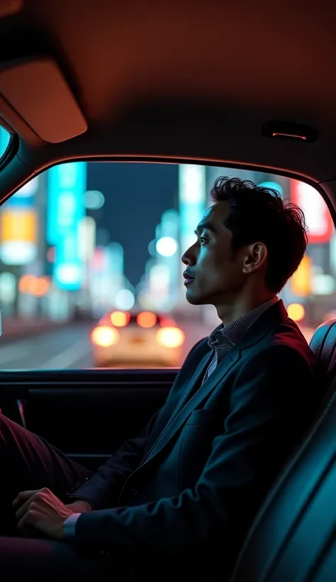 A Japanese male passenger sits in a taxi, looking out the window at the busy city streets. The passengers appear calm, wearing modern Japanese clothing, and surrounded by the warm, dim lights of the taxis interior. Outside the window, neon lights and city ...