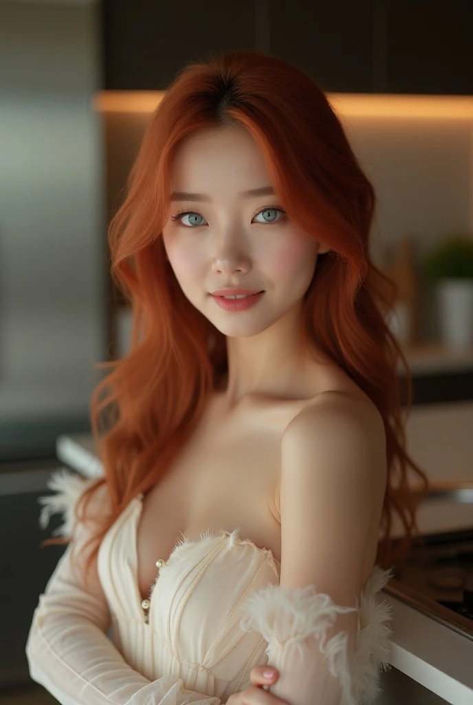  Korean woman of 25 years old redhead with long hair beautiful with sky blue eyes white skin beautiful smile thin eyebrows, Nude without clothes, in a stylish kitchen