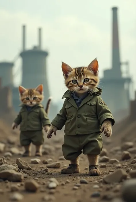 > "Photorealistic image of a post-apocalyptic wasteland. A ruined power plant, with rubble, dust, and destroyed machinery. Two-legged tabby kittens, with large heads and short legs, wearing oversized military uniforms, patrol the site. Their eyes are big a...