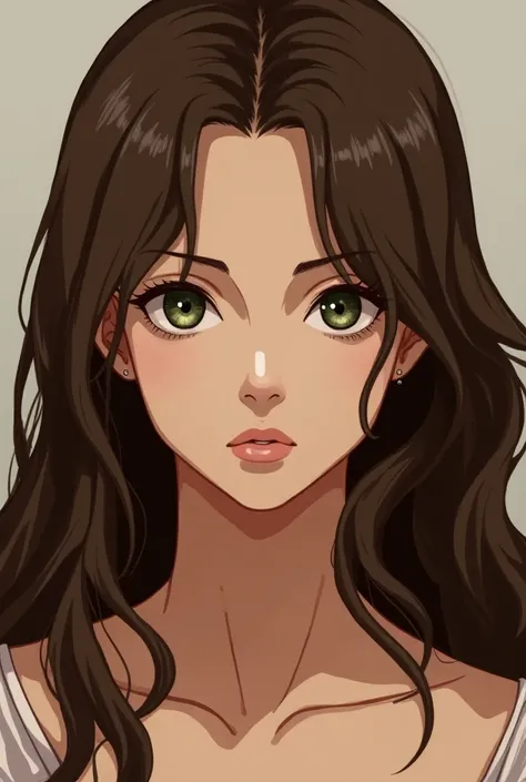 adult woman,  Brown Hair , without the head,  And over the shoulders ,  dark green eyes, parts, light skin,  anime style