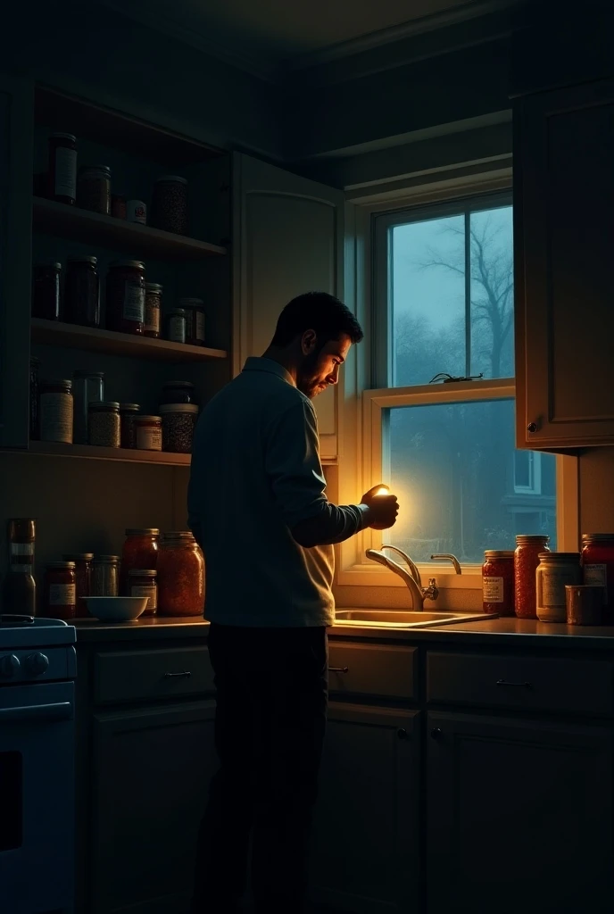 A man stands in the dark kitchen of his house with a flashlight, looking at his cupboards with food, preserves and various canned goods. Through the kitchen window, a scene of chaos can be seen.