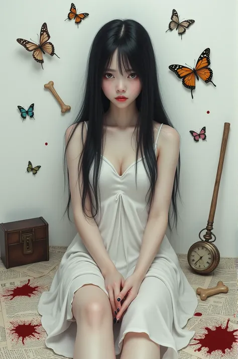  creates a realistic image :    in the foreground:  a woman with a very white complexion  (  black hair , long and smooth messy ) ( brown eyes) ( distracted and lost look ) (thin lips) ( is wearing a white dress ).   White room. Square image.              ...