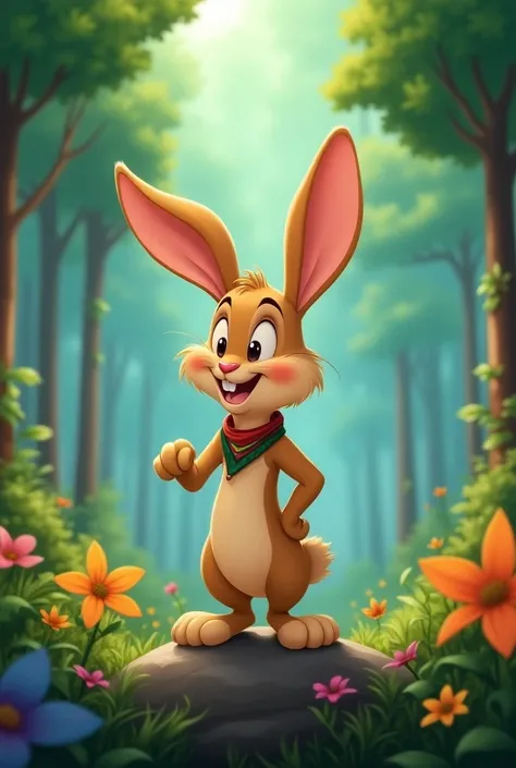 >  Draw in Disney cartoon style an animated and courageous rabbit named Tico.  He has big, expressive ears and a determined smile . It&#39;s in the forest, standing on a rock ,  with one paw raised as if ready to explore .  He wears a colorful headband aro...