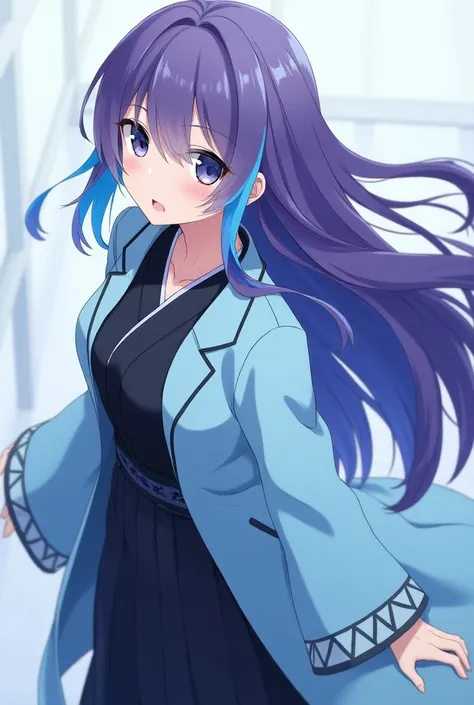 Attractive anime girl with purple long hair、 
Turn a section of the side of the bangs blue.　
 blue highlights on the side of her bangs 　Part of the bangs is blue　　 blue coat with white triangular pattern on cuffs 　Light blue coat
black hakama and kimono　Sh...