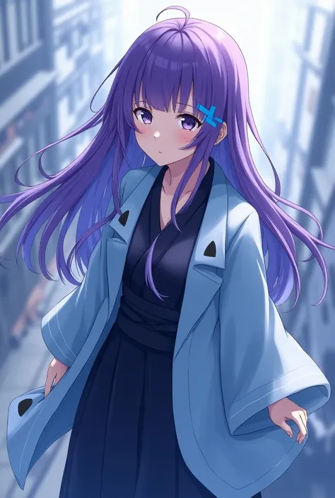 Attractive anime girl with purple long hair、 
Turn a section of the side of the bangs blue.　
 blue highlights on the side of her bangs 　Part of the bangs is blue　　 blue coat with white triangular pattern on cuffs 　Light blue coat
black hakama and kimono　Sh...