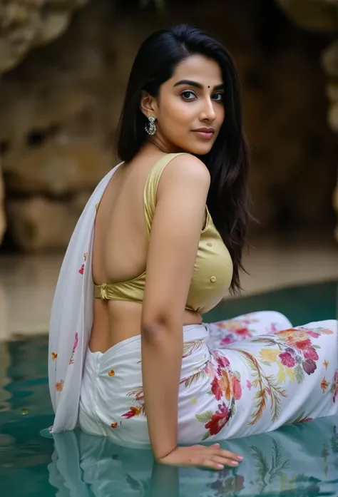 Side Portrait of A topless confident-looking indian woman with long flowing hair, hazel eyes, flowing see through saree, her hair covering her perfect c-cup breasts, sitting in pool, caves background, bokeh, perfect composition, hyperrealistic, super detai...