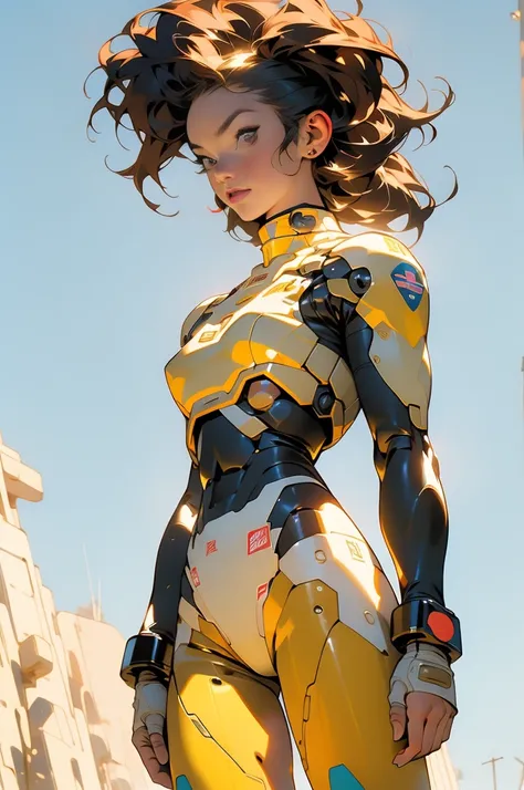 ((Best quality)), ((masterpiece)), (detailed: 1.4), (Absurd), (((full body)), (((woman))), 35-year-old woman, Beautiful muscular woman, giant robot pilot, wild with perfect body, wearing little clothing, tiny thong, clothing with Japanese graphic patterns,...